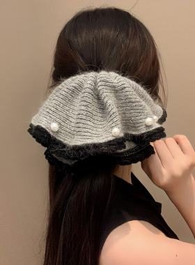 韩系灰色珍珠针织毛线发夹女