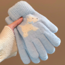 可爱小狗蝴蝶结针织毛绒手套女冬季 保暖骑行防寒五指分指毛线触屏