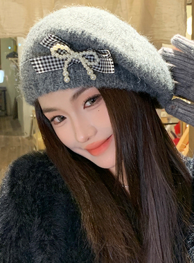 灰色蝴蝶结针织毛线贝雷帽女春秋