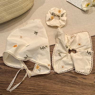 森系牛奶黄刺绣雏菊大肠发圈女