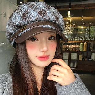 敲好看蓝棕 秋冬季 毛呢格纹复古贝雷帽女ins气质时尚 八角帽子 新款