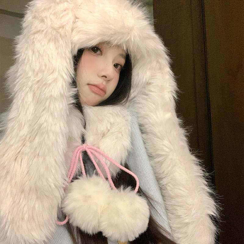 可爱兔耳朵毛绒帽子女2025年冬季