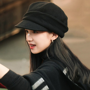 张婧仪同款复古黑色毛呢贝雷帽女冬高级感文艺保暖显脸小八角帽子