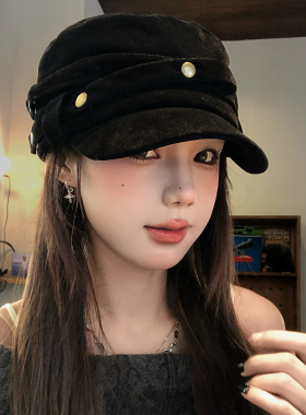 复古金属扣麂皮平顶马术帽女秋冬