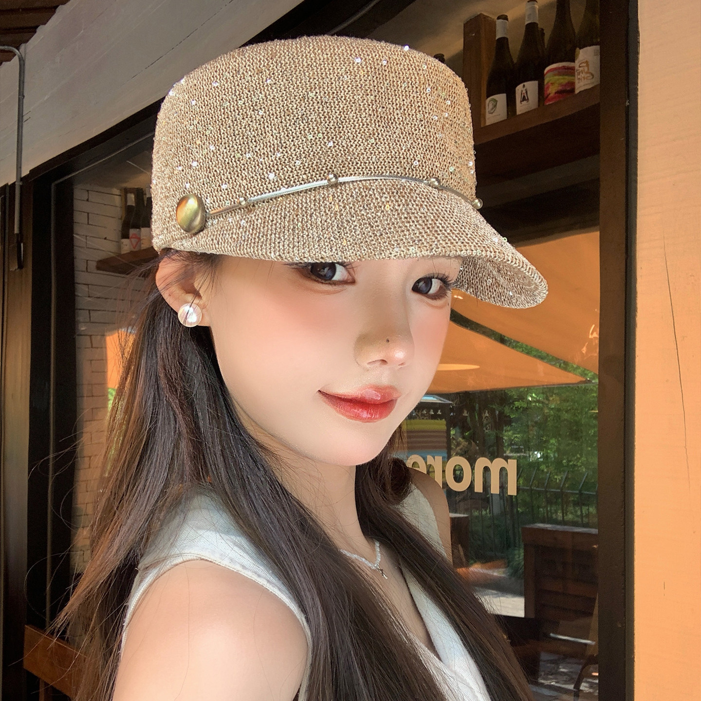 高端英伦复古亮片马术帽子女夏季图片