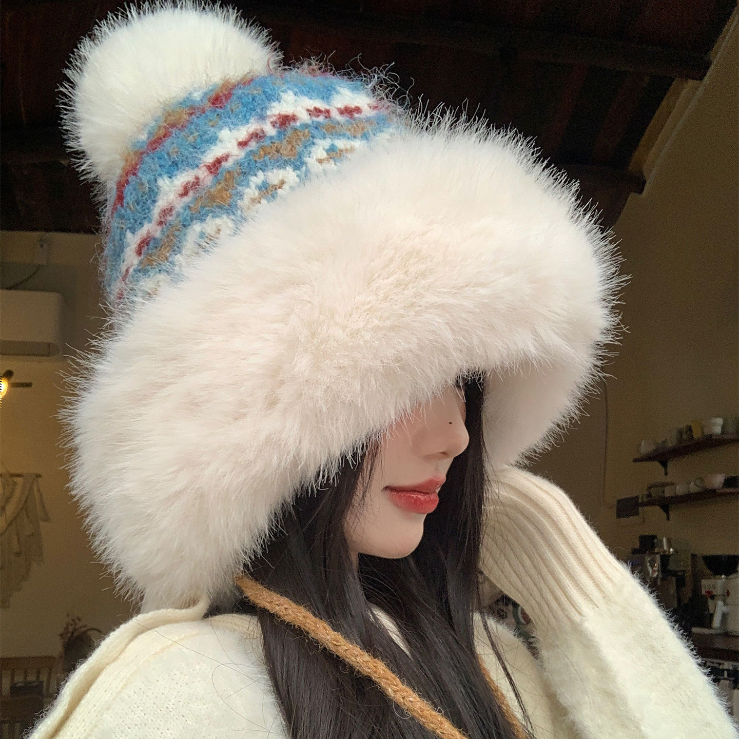 费尔岛提花蓝色针织毛线帽女冬季加绒加厚大头围保暖护耳雷锋帽子