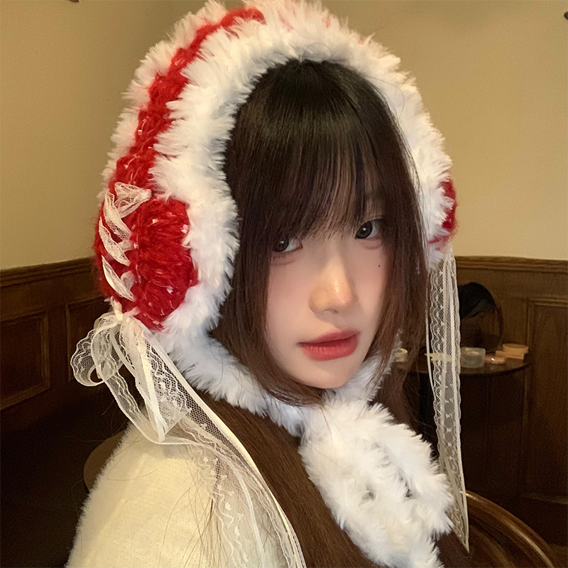 蝴蝶结蕾丝绑带红色针织毛线耳罩女2025年冬季加厚保暖防寒耳捂子