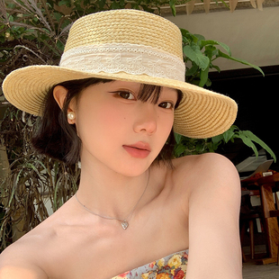 赫本风蝴蝶结平顶草帽女夏季 海边度假遮阳帽子大帽檐沙滩太阳帽潮