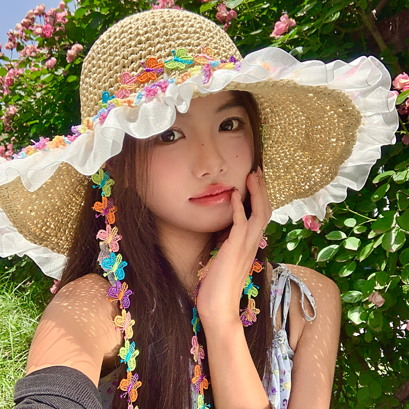 多巴胺蝴蝶蕾丝边草帽女夏季遮阳