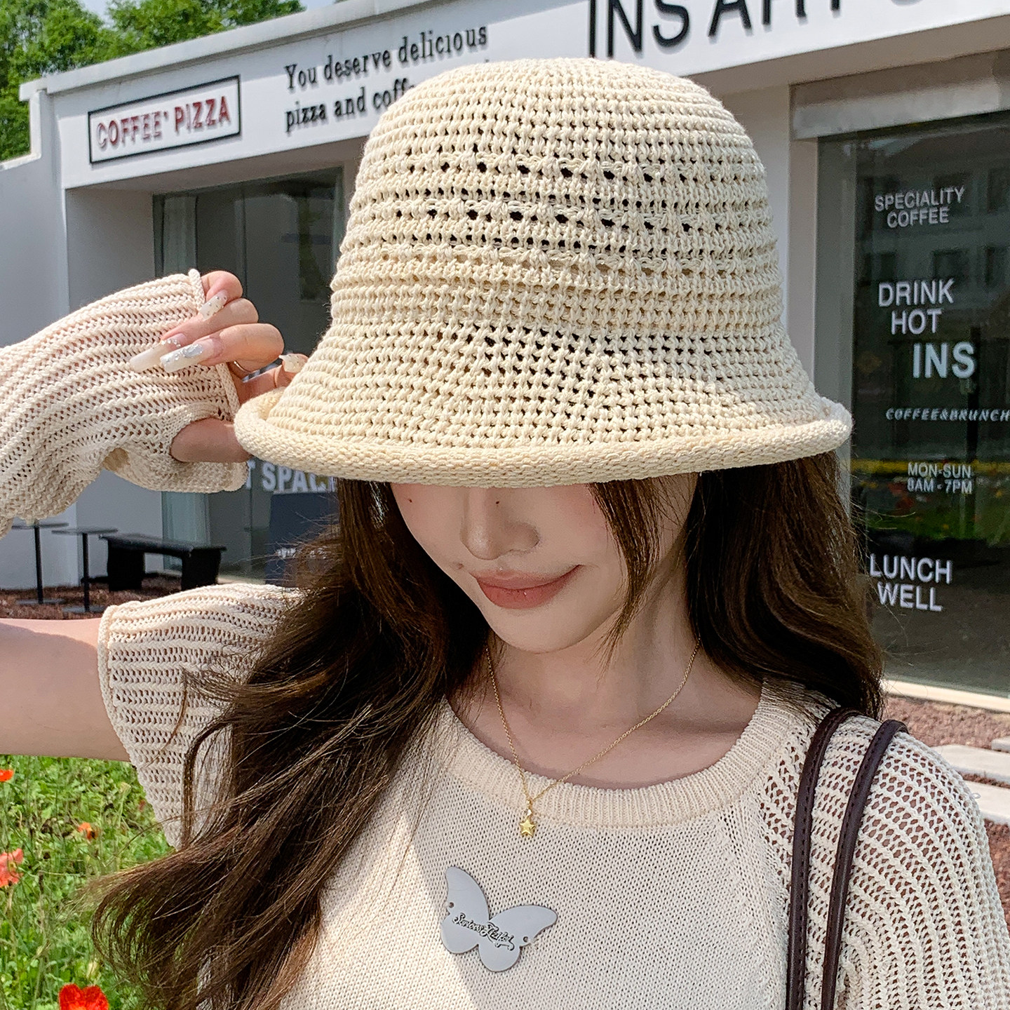 镂空针织遮阳渔夫帽女夏薄款透气图片