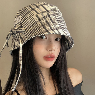 韩系黑白格纹蝴蝶结防晒渔夫帽女
