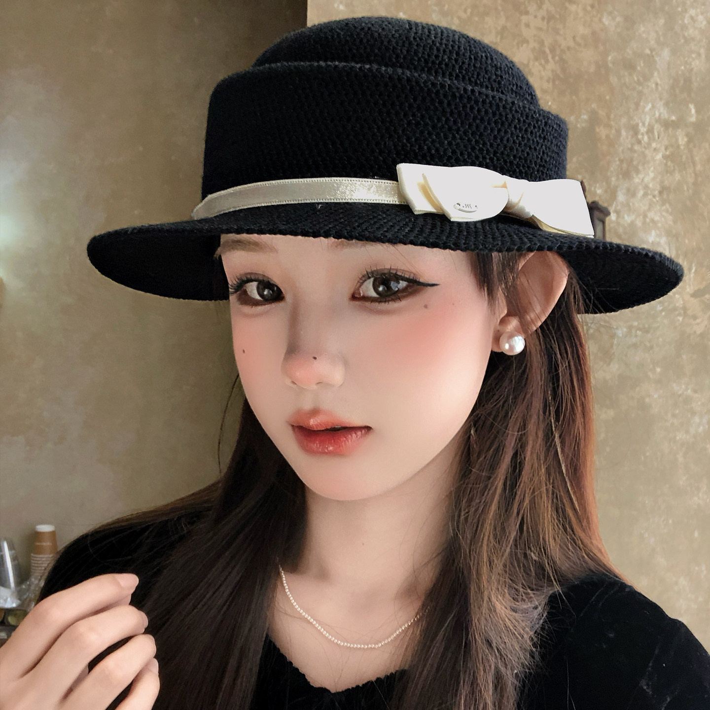 法式千金风蝴蝶结黑色礼帽女赫本风优雅气质显脸小遮阳编织盆帽子