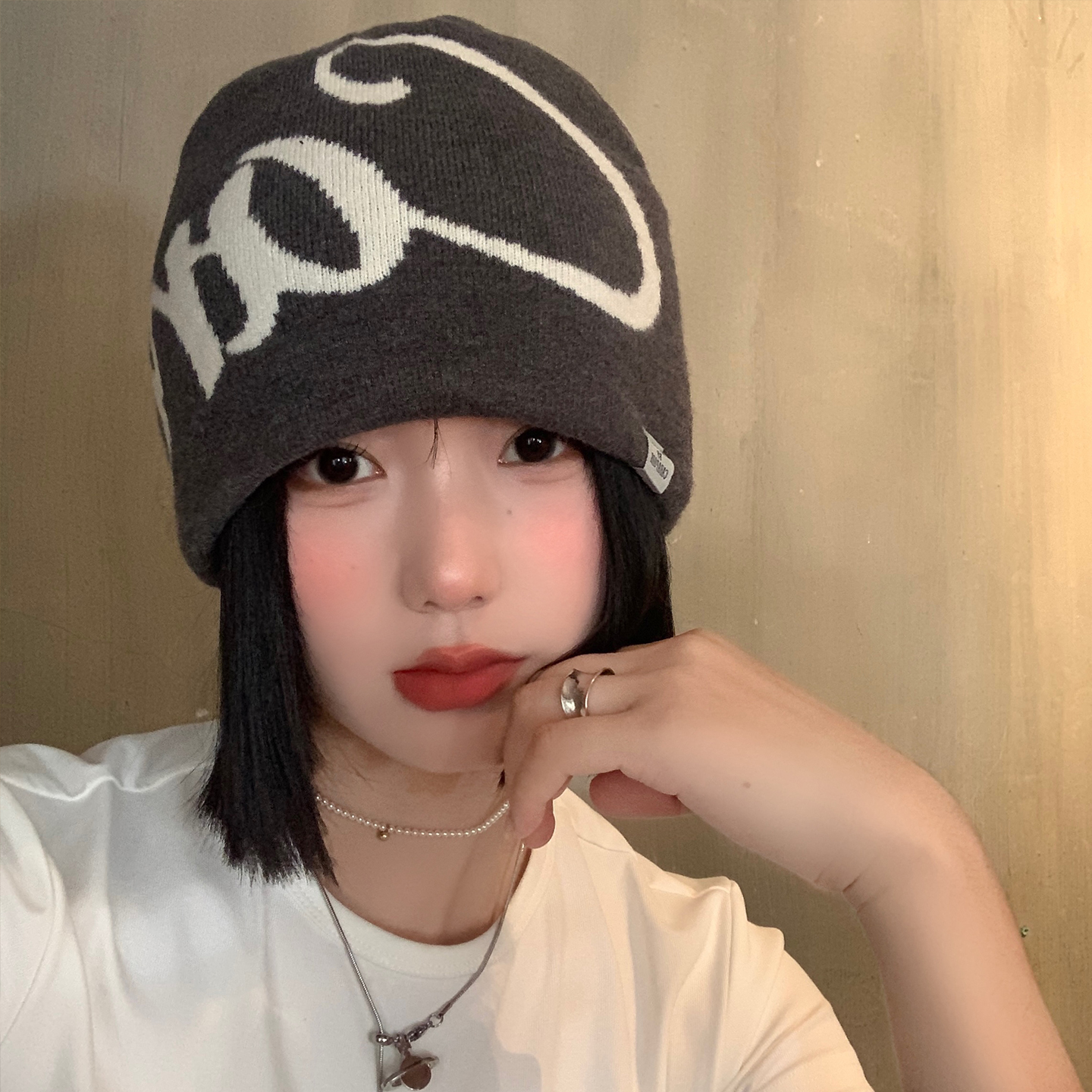 美式字母提花针织毛线帽女秋冬季