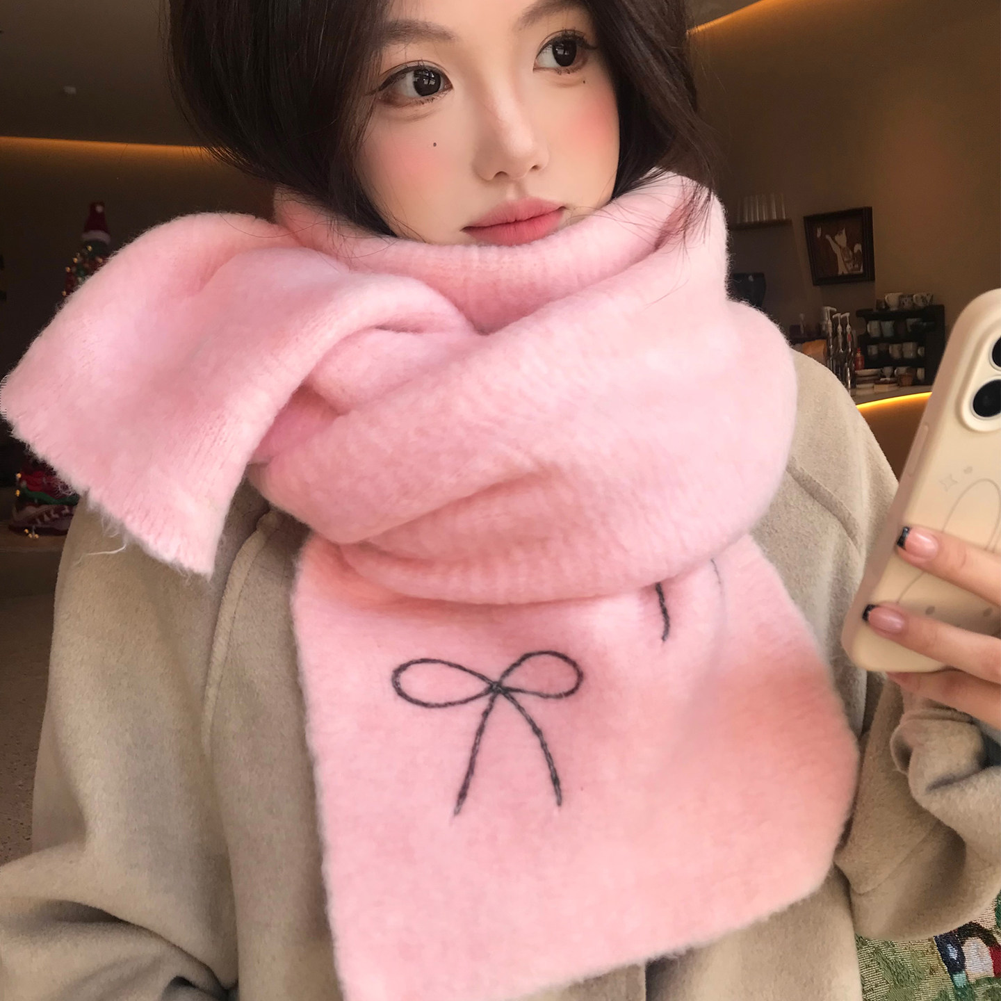 粉色蝴蝶结软糯针织围巾女生冬季