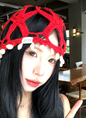 红色镂空针织贝壳流苏包头帽女夏薄款透气旅游度假拍照氛围感帽子