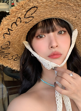 蕾丝系带字母拉菲草帽女2026年春
