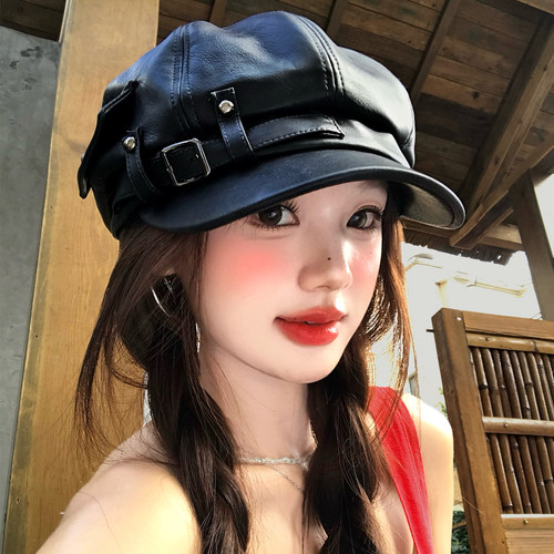 铆钉扣带皮质八角贝雷帽女春秋