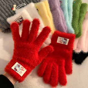 可爱Kitty毛绒针织手套女冬季 加厚保暖防寒冻防风分指可触屏毛绒