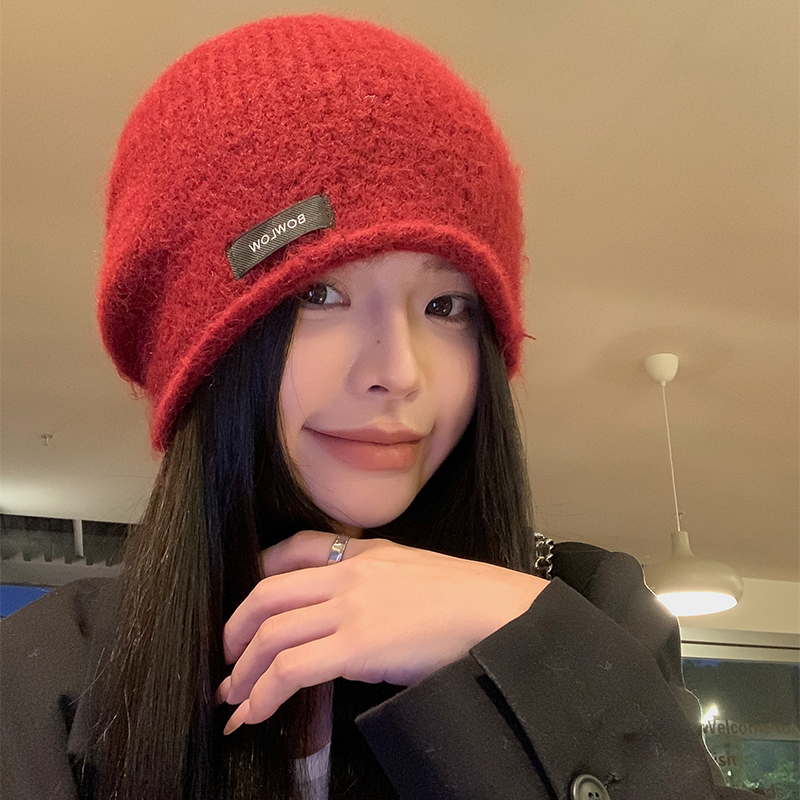 高级感红色针织冷帽女2025年冬季