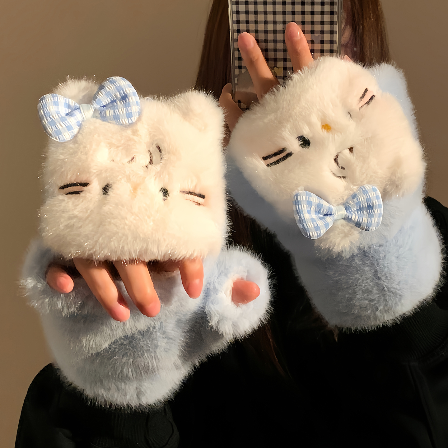 可爱蓝色kitty猫毛绒翻盖手套冬