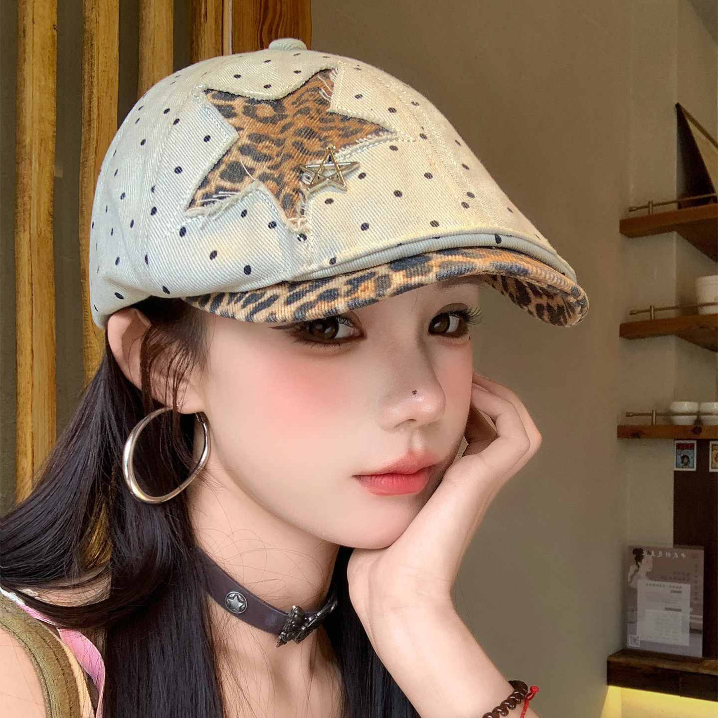 美式复古豹纹波点星星贴布前进帽图片
