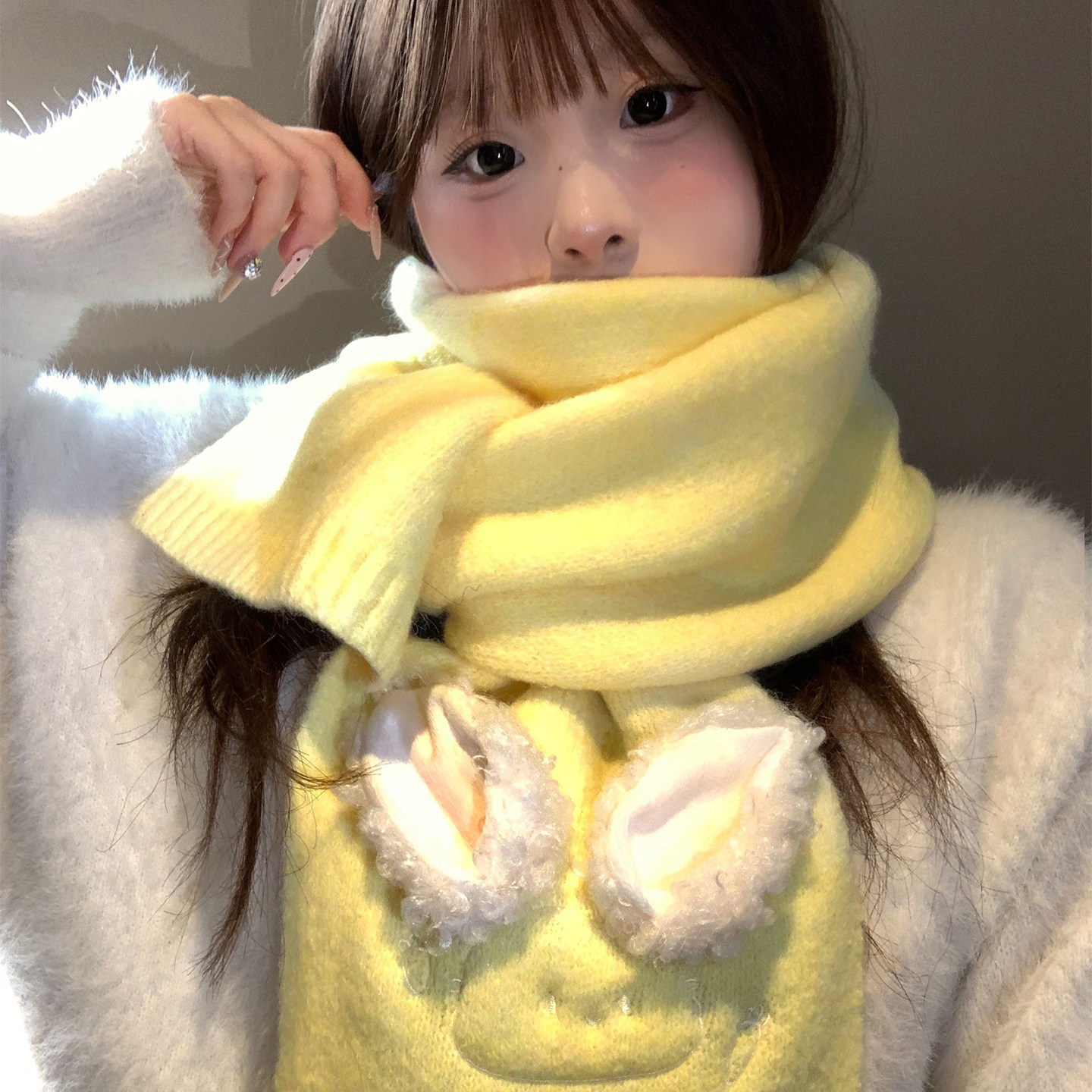 可爱黄色兔耳朵针织围巾女秋冬季