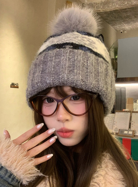复古费尔岛毛球灰色针织毛线帽女