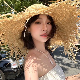 大帽檐手工編織拉菲草帽女夏度假海邊沙灘帽出游遮陽防曬太陽帽子