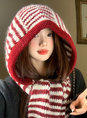 红色条纹巴拉克拉法帽女冬季保暖