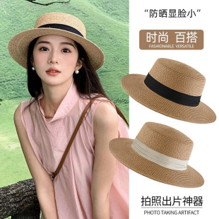 2026新款 大帽檐平顶草帽女夏海边度假沙滩遮阳防晒帽太阳帽子 法式