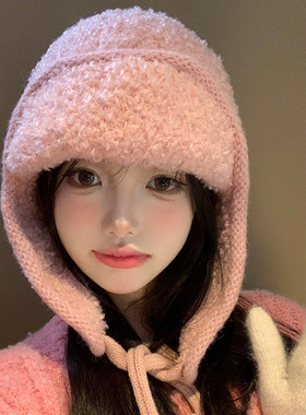 甜美可爱圈圈羊毛针织飞行帽女2025年秋冬季保暖护耳毛线雷锋帽子