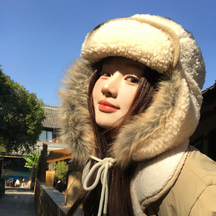 复古羊羔绒雷锋帽女冬户外滑雪骑行防寒加厚日系东北毛绒护耳帽子