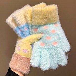 毛茸茸软糯波点针织五指手套女秋冬季 毛绒保暖御寒骑行可触屏学生