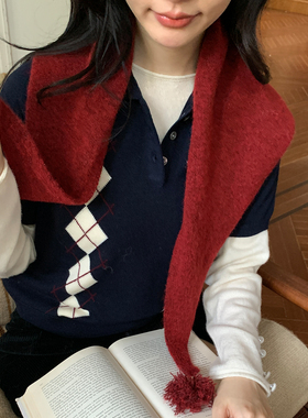 复古红色针织三角围巾女秋冬季