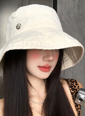 日系白色渔夫帽女新款高级感防紫外线大帽檐显脸小可折叠防晒帽子
