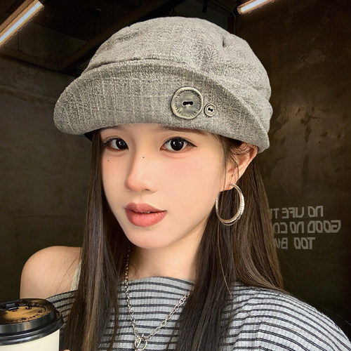 日系复古纽扣翻檐贝雷帽女2026