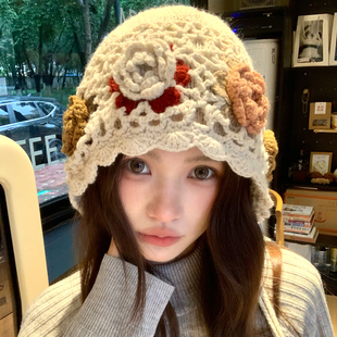 复古花朵手工钩花双层针织帽女秋冬川西旅游保暖百搭包头毛线帽子