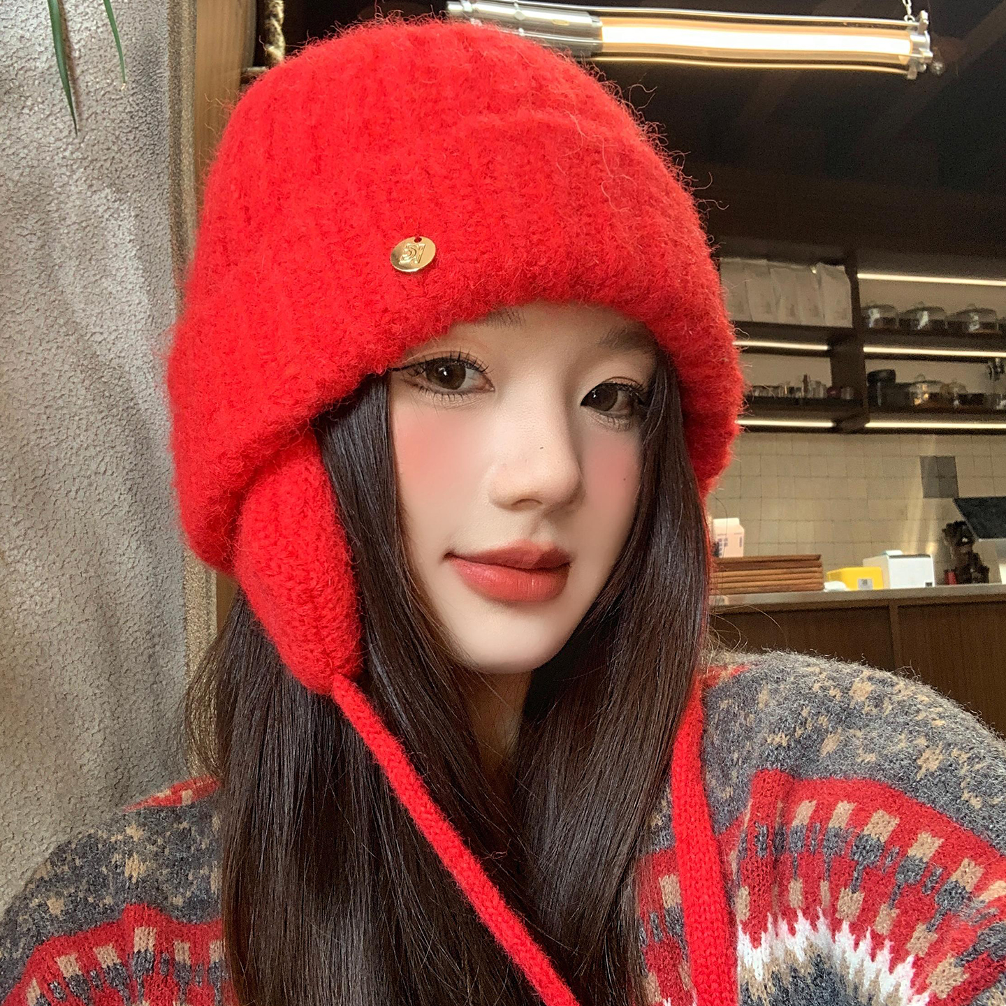 红色针织护耳雷锋帽女2025新款