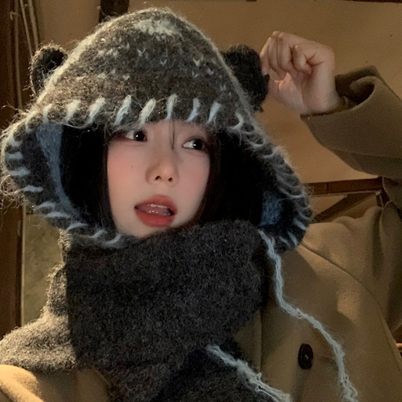可爱小熊耳朵帽子围巾一体女2025