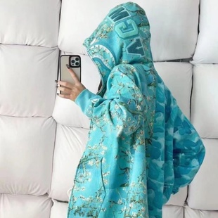 日系潮牌ba猿人鲨鱼外套梵高向日葵图案鲨鱼连帽卫衣男女同款 外套