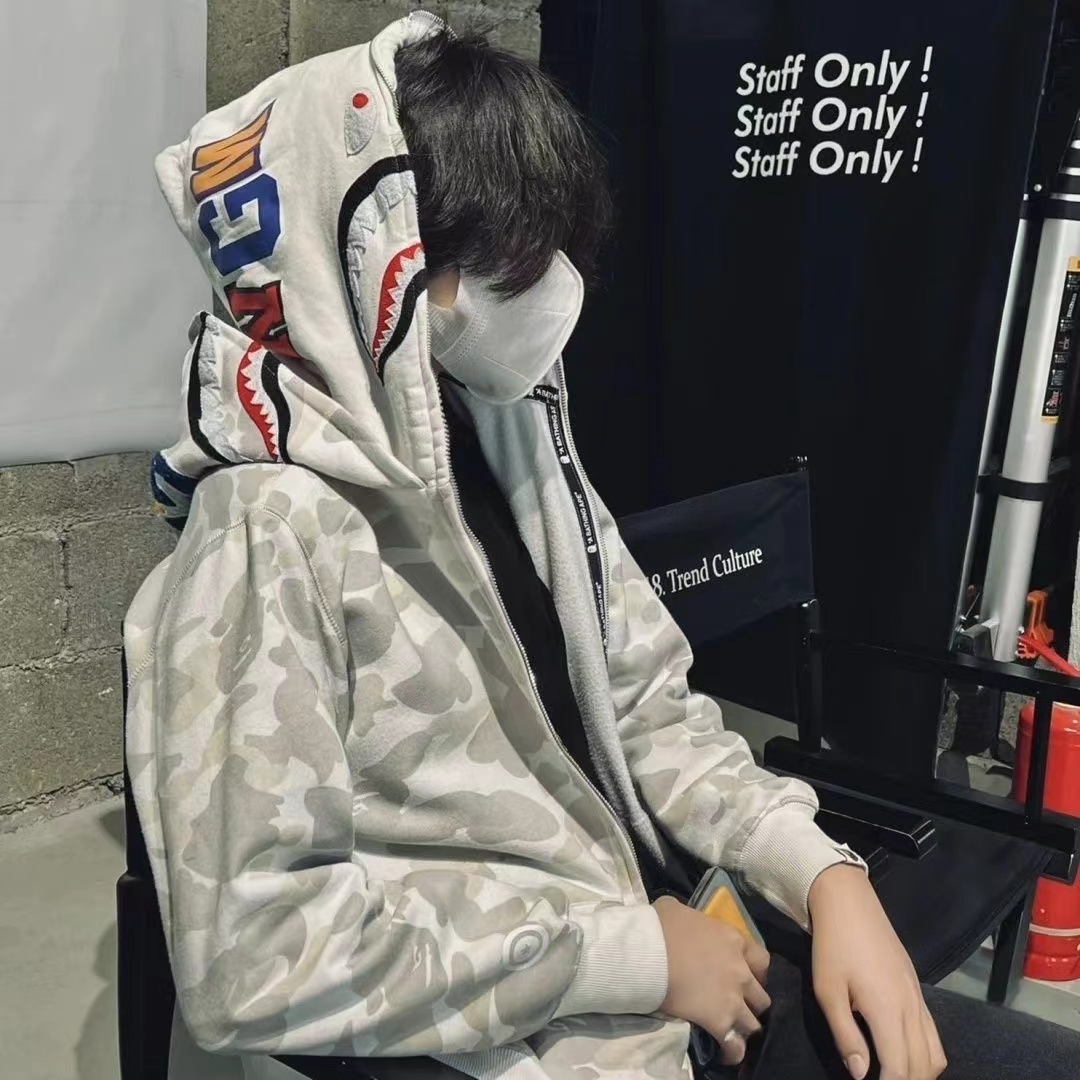 双帽迷彩鲨鱼潮牌卫衣街头嘻哈男女情侣宽松双拉链开衫外套帽衫潮