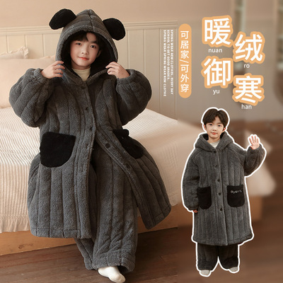 儿童睡衣男童法兰绒中大童三层夹棉家居服套装珊瑚绒加厚长款套装