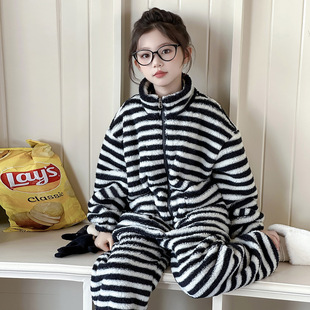 初中生珊瑚绒加绒套装 女童睡衣秋冬2025新款 女孩半边绒家居服冬季