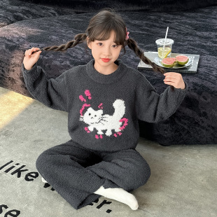 儿童睡衣卡通半边绒女童秋冬季 加厚外穿套头家居服中大童保暖套装