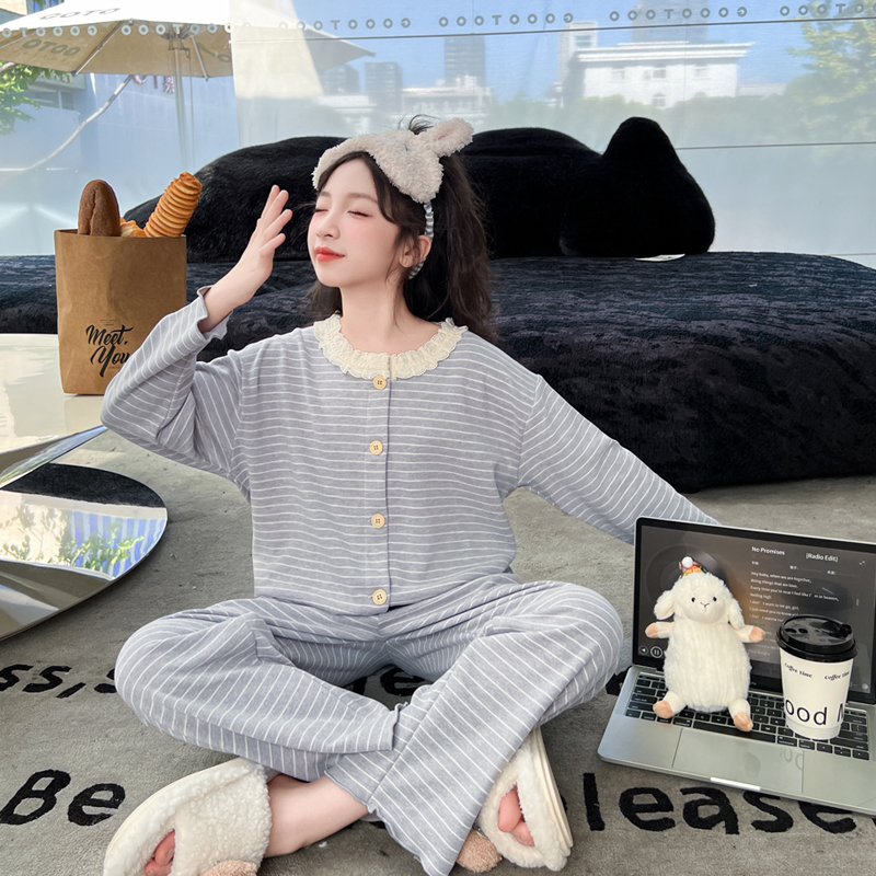 女大童睡衣春秋季套装儿童长袖德绒家居服小女孩可爱公主条纹睡衣