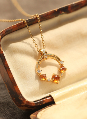 幻日薾曼原创橘橙石榴石项链银镀金复古轻奢锁骨链女神节生日礼物