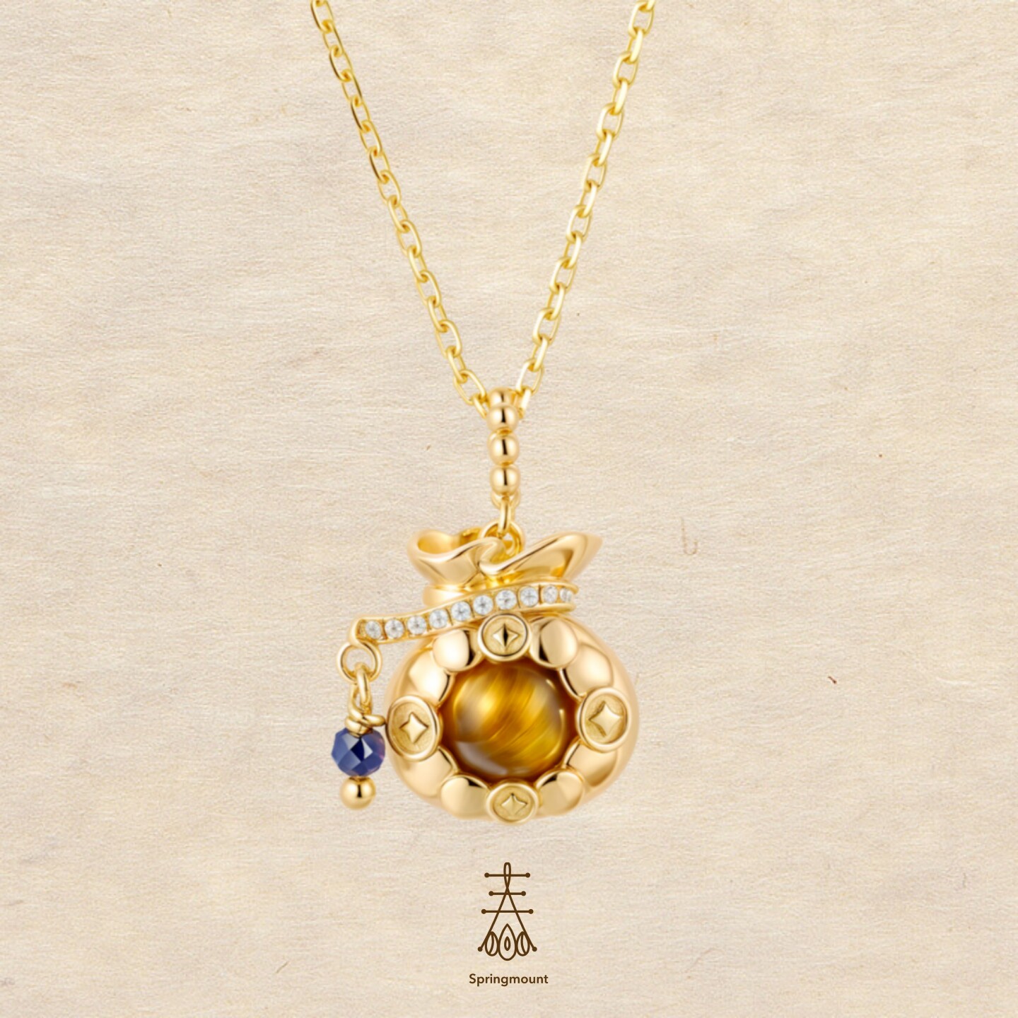 生日礼物金兜兜新中式原创虎眼石项链银镀金轻奢复古高级感锁骨链