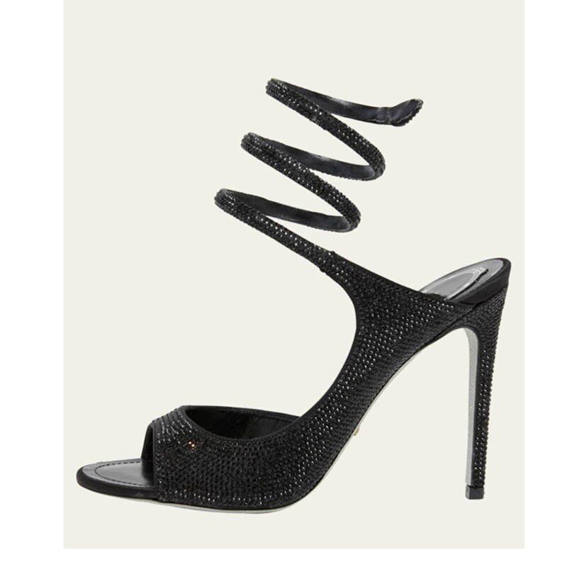 欧美外贸圆头露趾高跟鱼嘴鞋水滴蛇形缠绕大码侧空水钻细跟女凉鞋