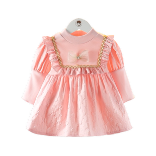 童装女童纯色连衣裙洋气春装女宝宝长袖公主裙婴儿春天小裙子新潮