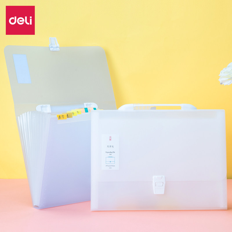 得力风琴包13格收纳整理A4文件夹手提包学生男女可爱卡通糖果色试卷包科目袋分类索引易携带风琴夹时尚清新款